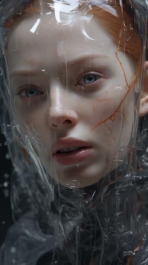 a female face covered in glass and plastic, inthe style of hyper-realistic sci-fi, fantasticalmachines, norwegian nature, delicateconstructions, hyper-realistic water, bryce3d, close up niji5ar 3:4