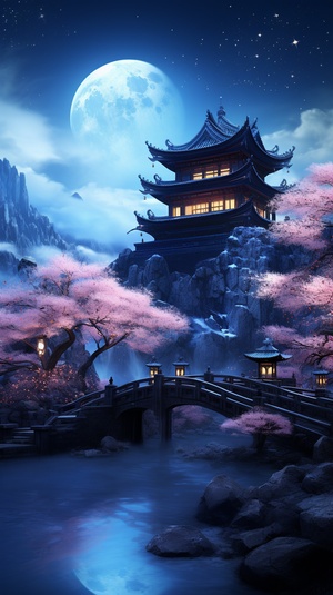 Chinese style, the place where Chinesegods live, at night, mountains and rivers,pavilions, magnificent, lights, bright lights,Chinese style palaces, palaces, inlaid withgold, clouds and mist, fairy air, summer,night, large lights, no dark corners, 3Dfairy game painting style, rich details,high-definition, ice blue, cool colors,shocking scenes, grand,game screenstyle,16kar3:4s 200q5v5.2