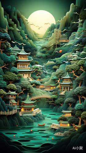 Chinese Landscape Illustration on Green Cyan Black Background