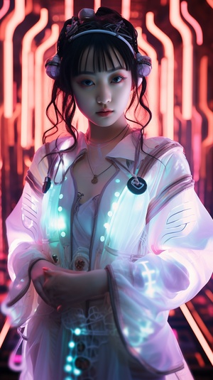 Neon Light Chinese Girl in White Hanfu