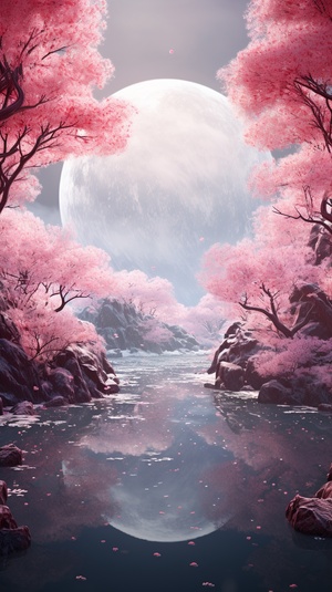 Pink Trees and a Round Object: An Oriental-Inspired Detailed Art Scene