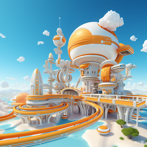 Playful Cartoon Spacestation with Vibrant Colors and Circular Shapes