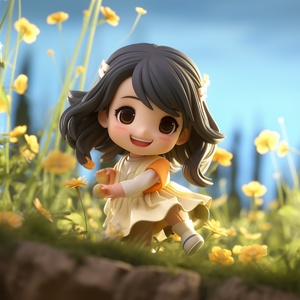 cute little girl, smiling face, long blackhair, Broken flowers short sleeves, Lima yellow color suspenders, 3d character from Disney Pixar, super detail, clean background, soft colors, fine luster. blende, soft lighting, blind box, cinematic edge lighting, anime, 8k ar 3:4 niji 5