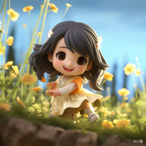 Cute Little Girl with Long Black Hair and Disney Pixar Character in 3D