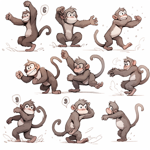 Multiple poses and expressions, cute monkey with Super Obesity full body on white background