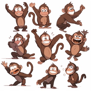 Multiple poses and expressions, cute monkey with Super Obesity full body on white background