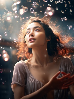 woman standing in the air with bubbles, surreal 8K CG, masterpiece.