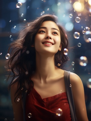 Super realistic 8K CG, masterpiece, best quality, (Super realistic 8K CG, masterpiece, best quality, (photorealistic: 1.4), HDR, absurdres, Professional, RAW photos, lens flares, (film grain: 1.1), bokeh, (depth of field), studio lighting, a Chinese woman standing in the air with many bubbles and looking at the camera, surreal 8k CG, masterpiece, best quality, (photorealistic: 1.4), HDR, absurdres, professional, RAW photos, lens flares, (film grain: 1.1), bokeh, (depth of field), studio lighting, a Corean