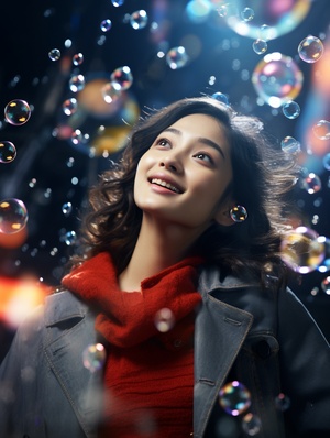 Super realistic 8K CG, masterpiece, best quality, (Super realistic 8K CG, masterpiece, best quality, (photorealistic: 1.4), HDR, absurdres, Professional, RAW photos, lens flares, (film grain: 1.1), bokeh, (depth of field), studio lighting, a Chinese woman standing in the air with many bubbles and looking at the camera, surreal 8k CG, masterpiece, best quality, (photorealistic: 1.4), HDR, absurdres, professional, RAW photos, lens flares, (film grain: 1.1), bokeh, (depth of field), studio lighting, a Corean