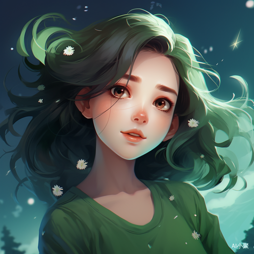 Cute Cartoon Girl with Delicate Flowers in Green Shirt