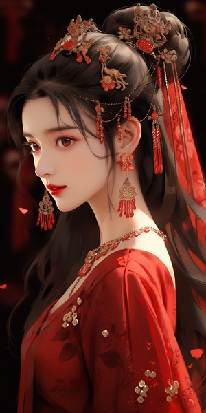 Ancient,beauty,,wedding,dress,,long,black,hair,,delicate,makeup,,exquisite,hair,accessories,,neck,ornaments,,ear,ornaments,,Fengguan,Xia,,wearing,luxurious,and,atmospheric,red,and,gold,pattern,Han,costume,,hazy,sense,,eyes,looking,at,the,camera,,surrounded,by,red,balloons,,emitting,atmosphere,around,the,body,light,,auditorium,background,,dreamlike,sense,,hazy,sense,,ancient,style,,perfect,composition,,fine,details,,movie,texture,,8k,,masterpiece,,quadratic,illustration.,s200,niji5