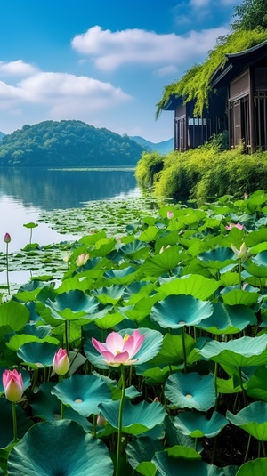 桂林山水小屋湖水荷花远景高清拍摄