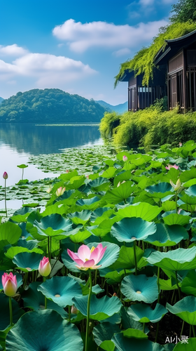 桂林山水小屋湖水荷花远景高清拍摄