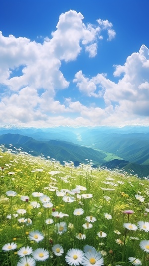 丁达尔光，背景为雪山，蓝天白云，近景为山坡，山坡上开着五颜六色的格桑花，低镜头拍摄。梦幻，超高清晰度，8k，超高分辨率，唯美。