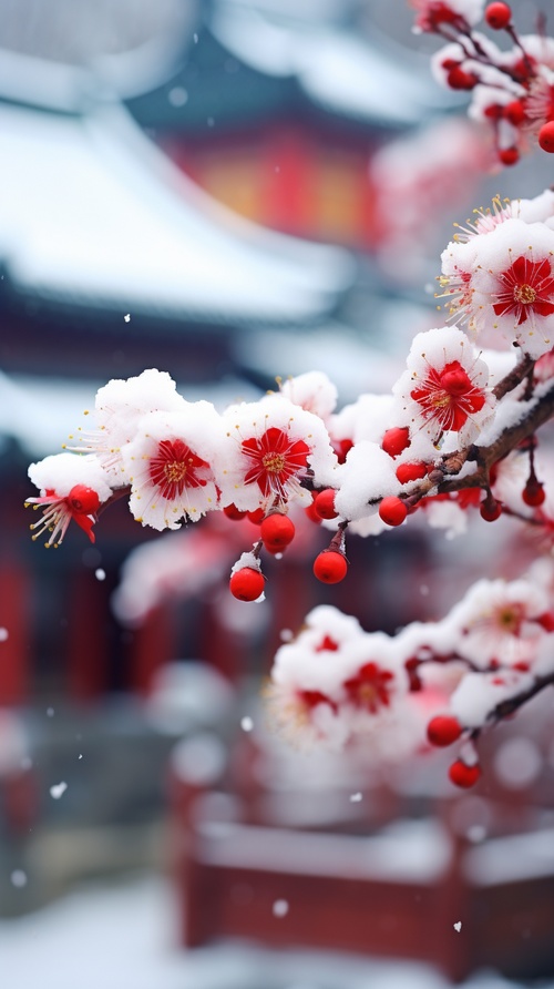 红色的梅花，特写，瑰丽绽放、冰雪覆盖的傲雪寒梅，背景是中国古典建，背景虚化