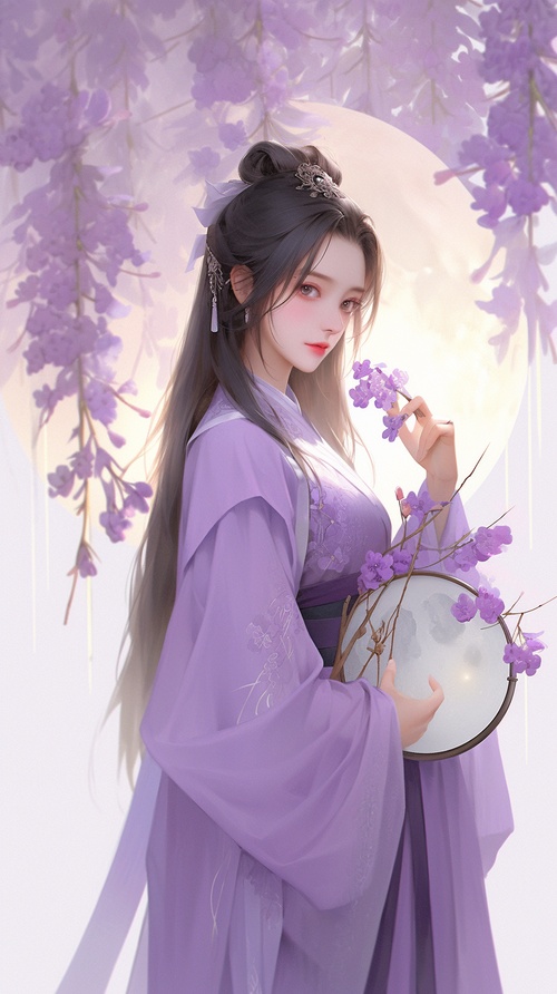 On,Mid-Autumn,Festival,,a,woman,wearing,a,purple,Han,suit,in,ancient,China,,with,large,eyes,,delicate,facial,features,,simple,clothes,,clear,details,,and,a,large,round,moon,in,the,background,,sat,under,the,osmanthus,and,played,the,pipa,in,high,detail,,32K,