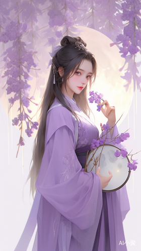 Woman in Purple Han Suit Playing Pipa under Moon