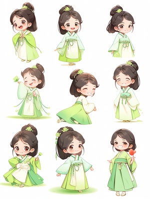 The little girl wearing a light green gauze skirt is a summer costume from the Tang Dynasty in China. She has a smiling face)，( animated character design, Chinese painting, cute, modest charm, classical style,)(expression bag,9 emoticons, happy, smile, sad, serious, expression Symbol table, various postures and expressions, different emotions, various poss and expressions,8kar 3:4 niji 5 stylize high style default