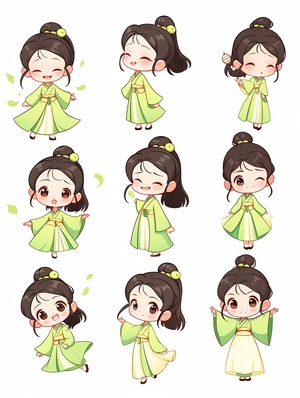 The little girl wearing a light green gauze skirt is a summer costume from the Tang Dynasty in China. She has a smiling face)，( animated character design, Chinese painting, cute, modest charm, classical style,)(expression bag,9 emoticons, happy, smile, sad, serious, expression Symbol table, various postures and expressions, different emotions, various poss and expressions,8kar 3:4 niji 5 stylize high style default