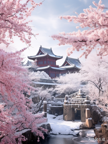 冰雪覆盖的傲雪寒梅与古典建筑的对比