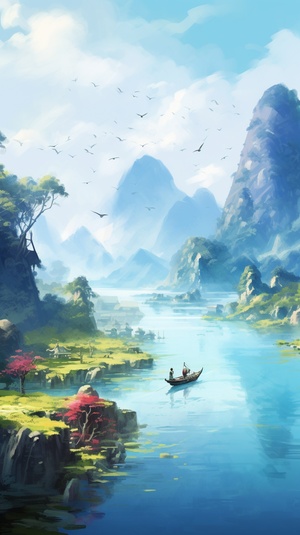 中国田园图，高山流水，船，飞鸟，阳光，水彩风景，商业插画，壁纸，国潮插画，