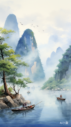 中国田园图与高山流水: 水彩风景的商业插画与国潮壁纸