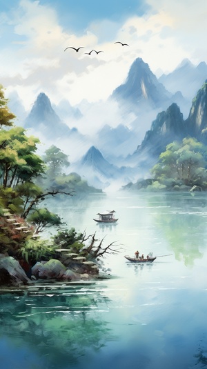 中国田园图与高山流水: 水彩风景的商业插画与国潮壁纸