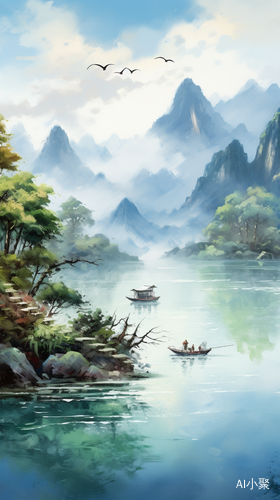 中国田园图与高山流水: 水彩风景的商业插画与国潮壁纸