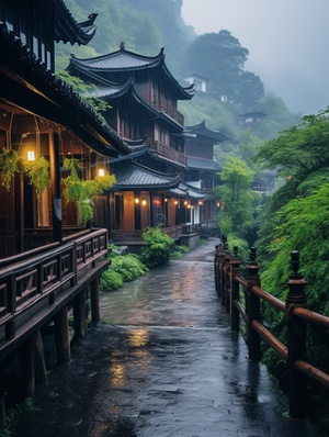 江南烟雨古镇，旅游中的美景，河流溪谷，路边木质护栏，别墅群，石板小路，蒙蒙细雨，春意盎然，8k高清大图