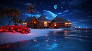 Magical Night: Maldives Stars, Aurora, and Big Red Rose