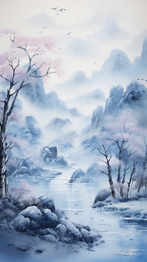 杰作，中国山水，蓝色水墨画，肌理磨砂，罗尔纯，意境水墨，