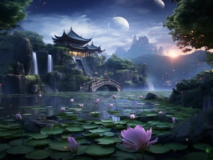 Romantic and Dreamy Chinese Temple with Boat, Waterfall, and Lily Garden in Super Wide Angle 4K