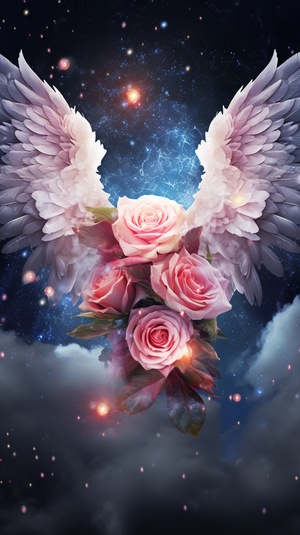 CG rendered the sky with hazy Gothic radiance, a pair of huge translucent angel wings in the sky, starry sky, fantasy, 4K, magic, super wide comfort, shocking visual impact, and the roses around hd-ar 9:16