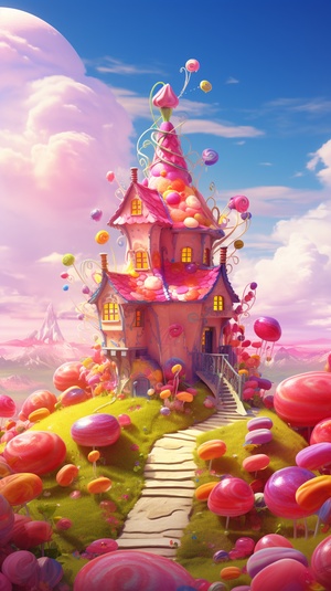 Cotton Candy House and Clouds of Love: Colorful Sunshine and Little Girls and Boys Playing