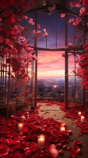 https:is.mj.runUIAYX7ZLf9gA panoramic sky garden rose world in a special-shaped transparentglass botte, castle, roses, petals are flying,romance, dream, Greg lat Kosky, night,red rosePavilion, art station trend, bright lights, smoke, wood support, UE4, HD, lighting, winter,ALVar9:16