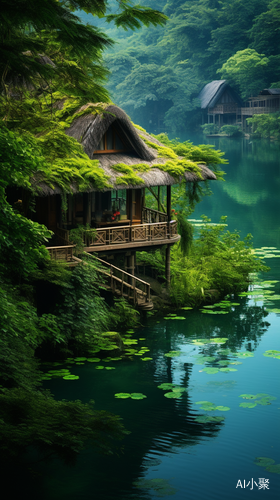 Enchanting Serenity: Emerald Water, Bamboo Forest, and Thatched Cottage