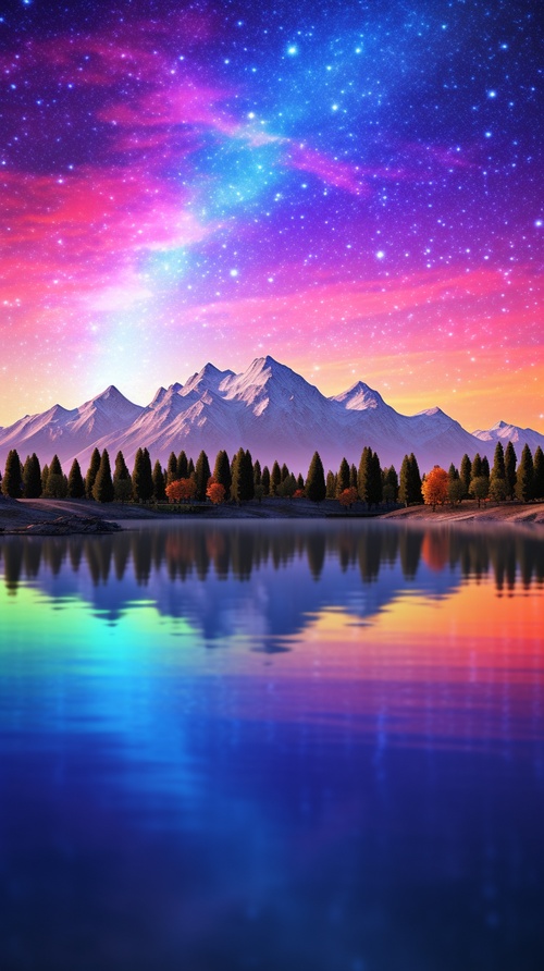 Seven colors rainbow reflected on the lake, magnificent scenery, sunset, dream, wonderland, style, overlooking, fairy tale, lighting effect, dream, starry sky, super detail, illustration, 8K, Unreal Engine, HD，