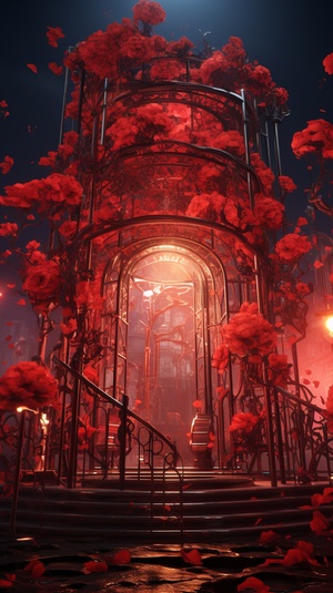 area, many romatic rose, tall factorywith many iron frames, ironnets, beautiful key art, factorylighting, Greg ratkowski, night,shimmering light,a little red rose onthe iron frame, art station trend, lowlight, smoke, beautiful fantasyillustration, steel support, volumelighting, UEA, ZBrush, marmoset Kit HDar 9:16 - Upscaled