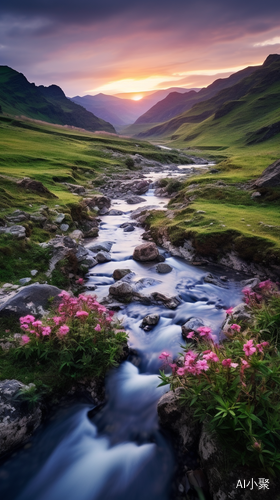 黄昏草山美景，天际线与瀑布交相辉映