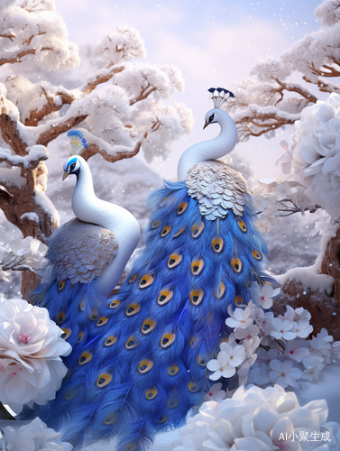 Beautiful Winter Scene with Golden Peacocks and Blue Roses
