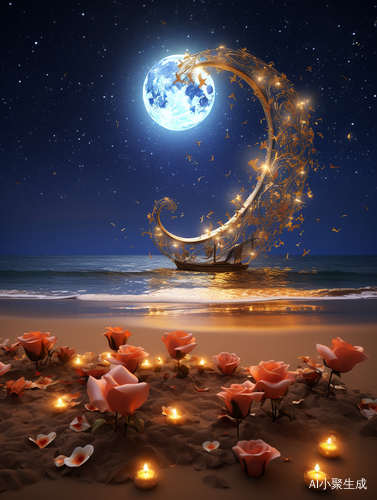 Transparent Picture with Golden Crescent, Red Roses, and Shining Stars