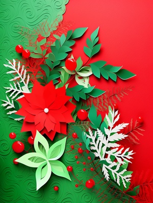 Paper-cut work, Christmas theme, Red background, Red and green, Festive atmosphere ar 5:7