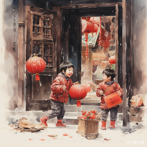 雪天红衣小孩与春节欢乐