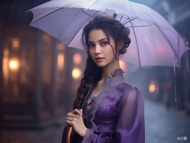 烟雨蒙蒙的古代街道上的紫衣美女