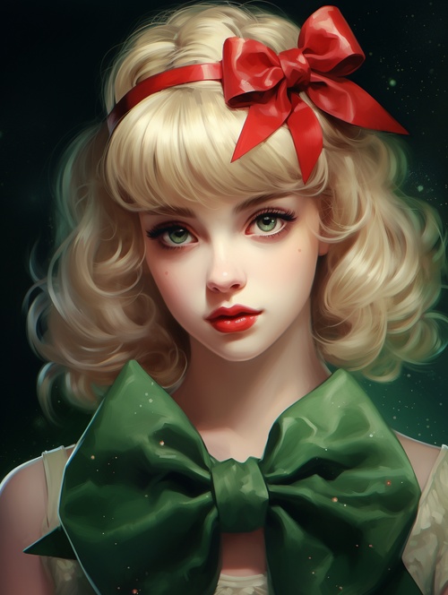 精致妆容，化妆的脸，宝石眼，红唇1girl, artist_name, blonde_hair, bow, chalkboard, earrings, green_background, green_bow, green_eyes, green_hairband, green_ribbon, green_theme, hair_bow, hairband, jewelry, looking_at_viewer, realistic, red_lips, short_hair, sleeveless, solo, upper_body, watermark, web_address