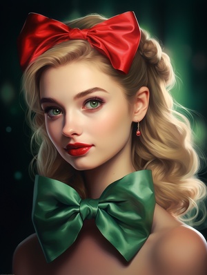 精致妆容，化妆的脸，宝石眼，红唇1girl, artist_name, blonde_hair, bow, chalkboard, earrings, green_background, green_bow, green_eyes, green_hairband, green_ribbon, green_theme, hair_bow, hairband, jewelry, looking_at_viewer, realistic, red_lips, short_hair, sleeveless, solo, upper_body, watermark, web_address