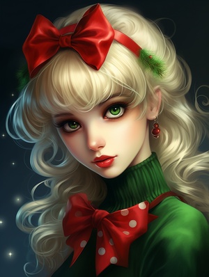 精致妆容，化妆的脸，宝石眼，红唇1girl, artist_name, blonde_hair, bow, chalkboard, earrings, green_background, green_bow, green_eyes, green_hairband, green_ribbon, green_theme, hair_bow, hairband, jewelry, looking_at_viewer, realistic, red_lips, short_hair, sleeveless, solo, upper_body, watermark, web_address