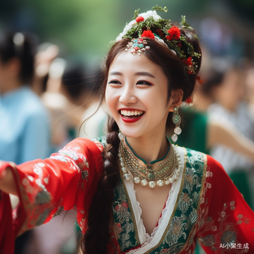 亚洲真人高清照片，国际脸微笑翩翩起舞绿衣红裙盘头发簪