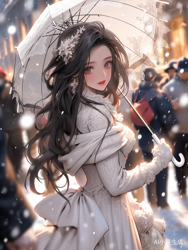 翩飞雪花中的华丽少女
