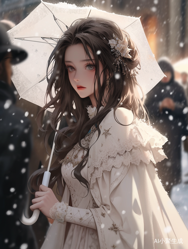 翩飞雪花中的华丽少女